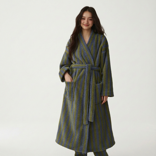Stripe Coral fleece robe: plush sanctuary