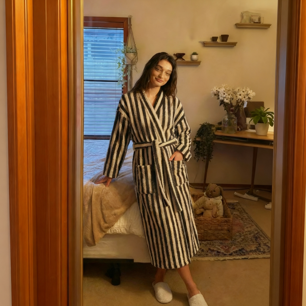 Stripe Coral fleece robe: plush sanctuary