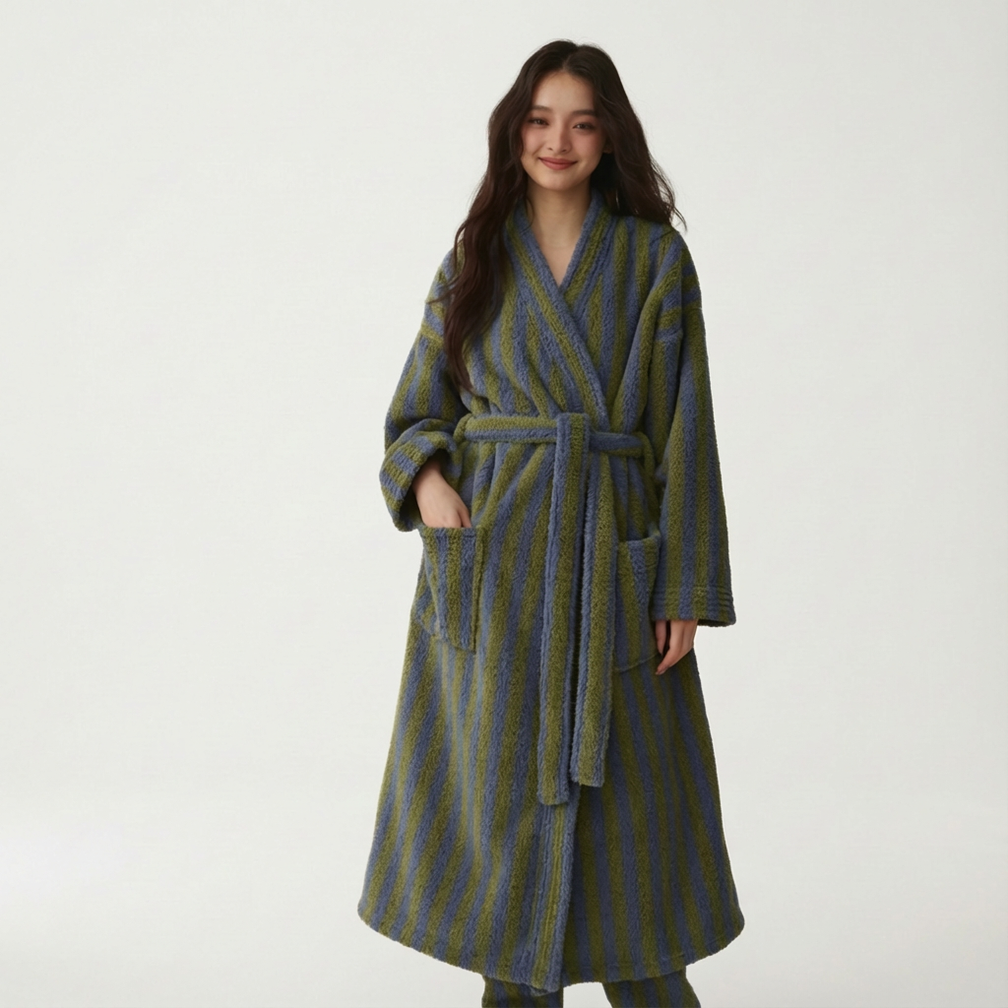 Stripe Coral fleece robe: plush sanctuary