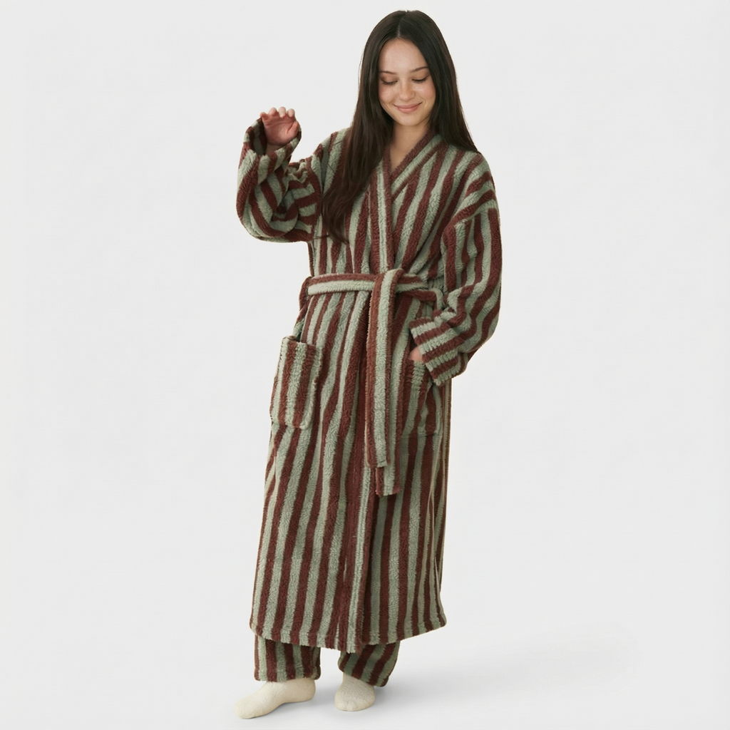 Stripe Coral fleece robe: plush sanctuary