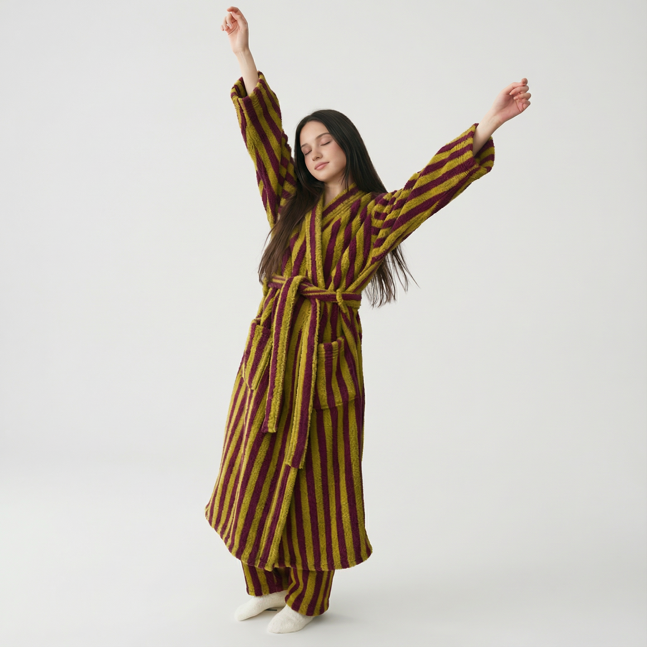 Stripe Coral fleece robe: plush sanctuary