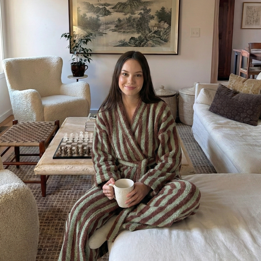 Stripe Coral fleece robe: plush sanctuary