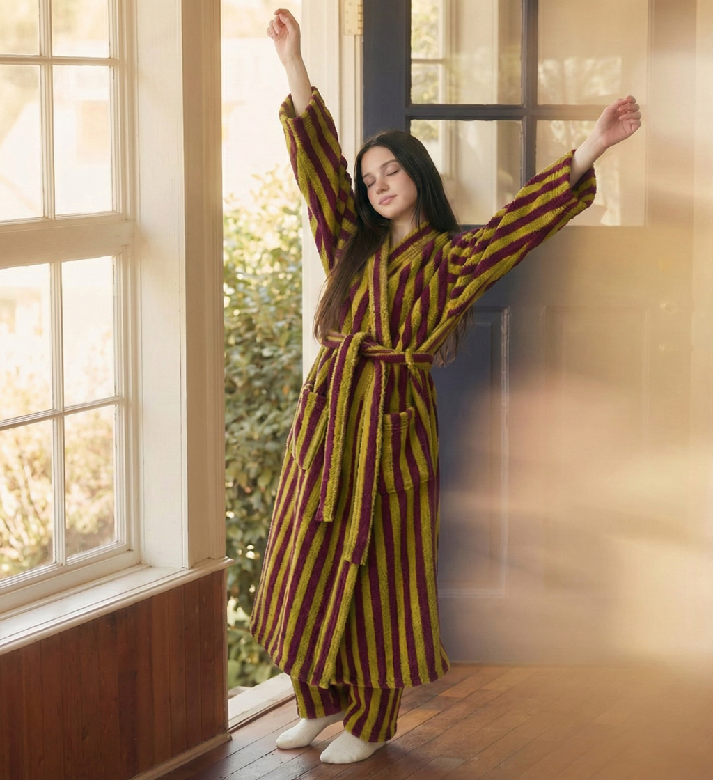 Stripe Coral fleece robe: plush sanctuary