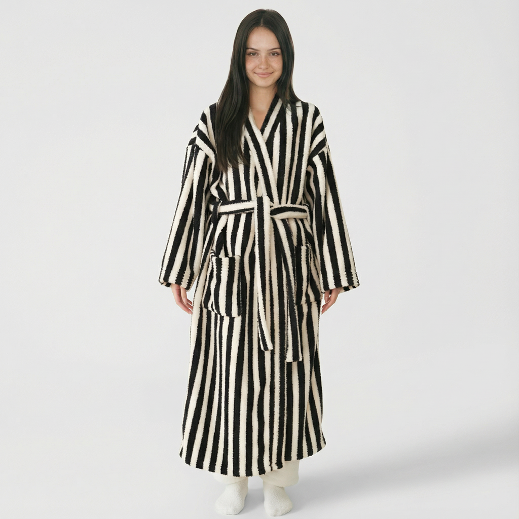 Stripe Coral fleece robe: plush sanctuary