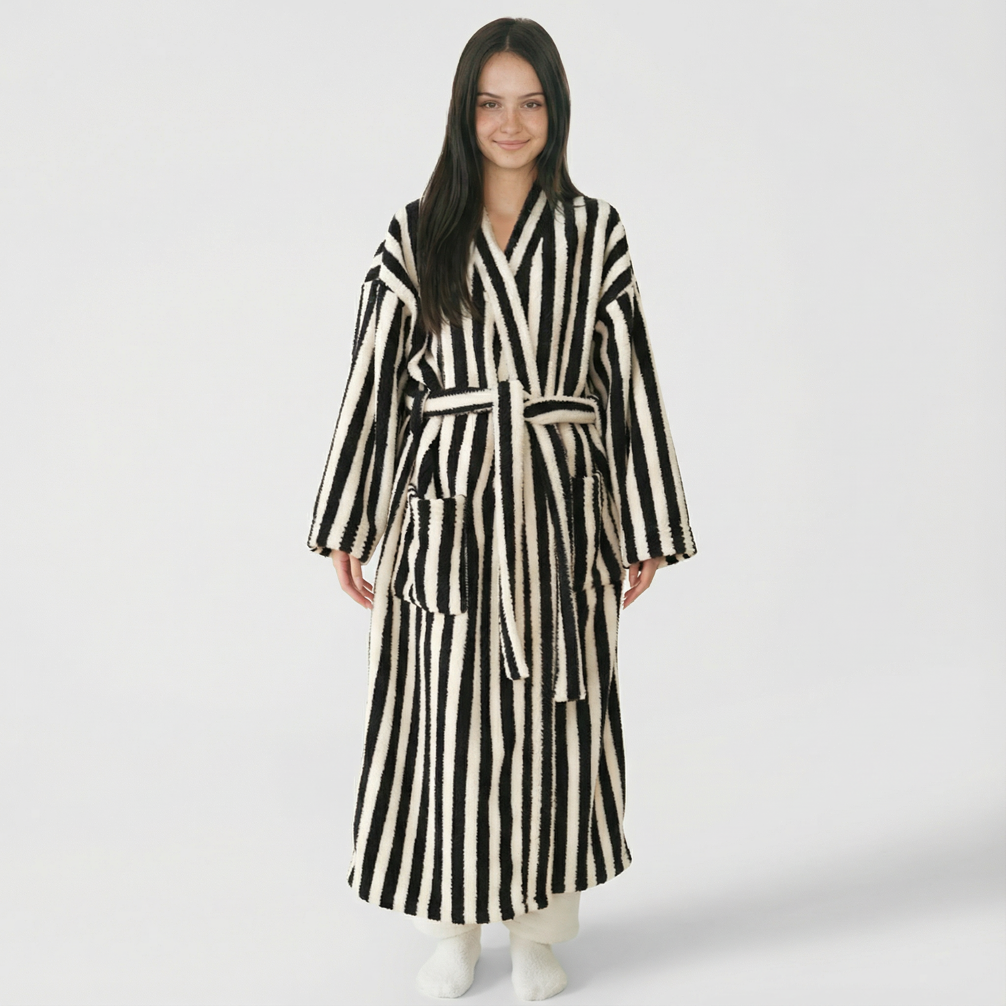 Stripe Coral fleece robe: plush sanctuary