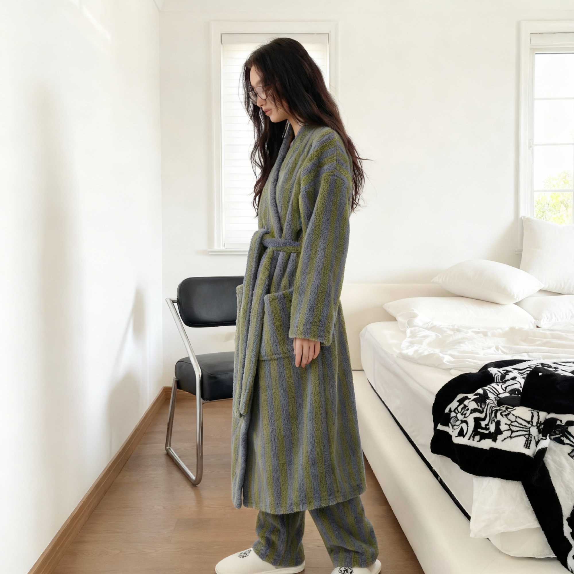 Stripe Coral fleece robe: plush sanctuary
